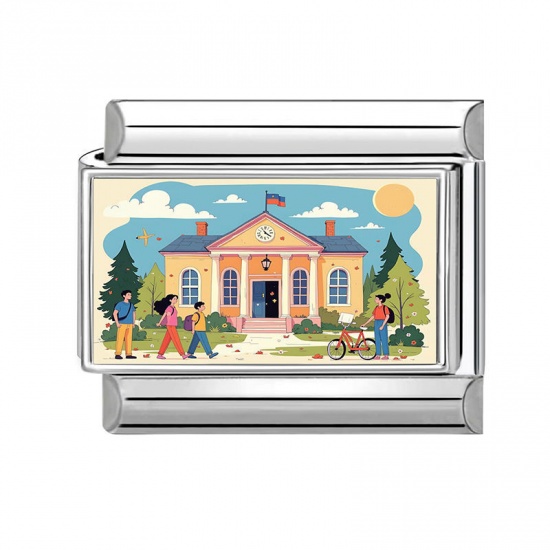 Picture of 1 Piece 304 Stainless Steel Italian Charm Links For DIY Modular Bracelet Watch Jewelry Making Wholesale Silver Tone Multicolor Rectangle Student 10mm x 9mm