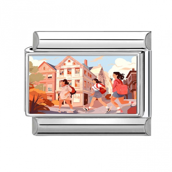 Picture of 1 Piece 304 Stainless Steel Italian Charm Links For DIY Modular Bracelet Watch Jewelry Making Wholesale Silver Tone Multicolor Rectangle Student 10mm x 9mm