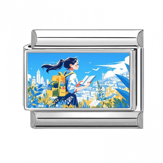 Picture of 1 Piece 304 Stainless Steel Italian Charm Links For DIY Modular Bracelet Watch Jewelry Making Wholesale Silver Tone Multicolor Rectangle Student 10mm x 9mm