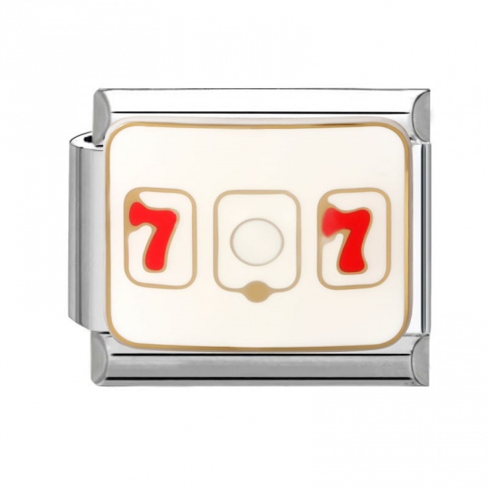 Picture of 1 Piece 304 Stainless Steel Italian Charm Links For DIY Modular Bracelet Watch Jewelry Making Wholesale Silver Tone Creamy-White Enamel Rectangle Message " 707 " 10mm x 9mm