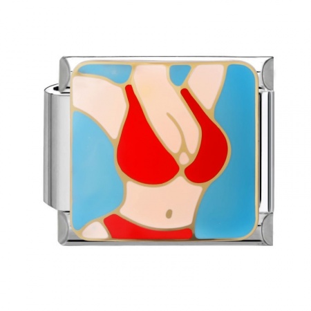 Picture of 1 Piece 304 Stainless Steel Italian Charm Links For DIY Modular Bracelet Watch Jewelry Making Wholesale Silver Tone Red Enamel Rectangle Bikini 10mm x 9mm