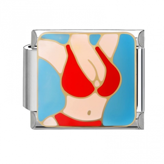Picture of 1 Piece 304 Stainless Steel Italian Charm Links For DIY Modular Bracelet Watch Jewelry Making Wholesale Silver Tone Red Enamel Rectangle Bikini 10mm x 9mm