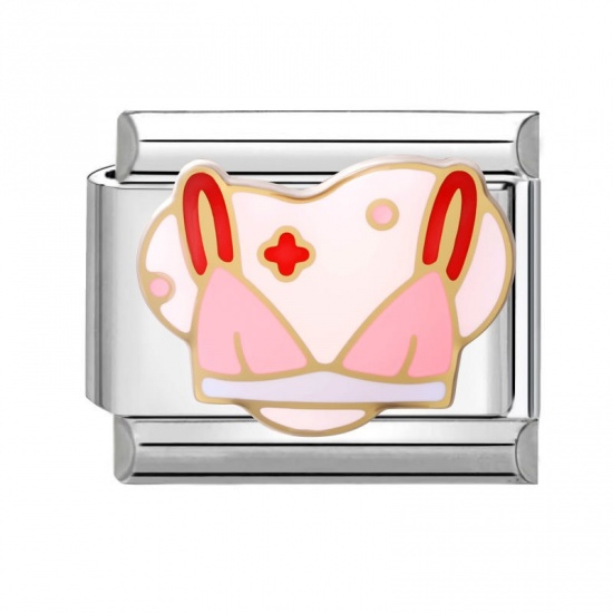 Picture of 1 Piece 304 Stainless Steel Italian Charm Links For DIY Modular Bracelet Watch Jewelry Making Wholesale Silver Tone Pink Enamel Rectangle Bikini 10mm x 9mm