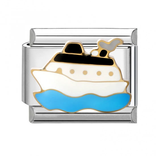 Picture of 1 Piece 304 Stainless Steel Italian Charm Links For DIY Modular Bracelet Watch Jewelry Making Wholesale Silver Tone Multicolor Enamel Rectangle Boat 10mm x 9mm