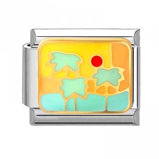 Picture of 1 Piece 304 Stainless Steel Italian Charm Links For DIY Modular Bracelet Watch Jewelry Making Wholesale Silver Tone Green Enamel Rectangle Coconut Palm Tree 10mm x 9mm