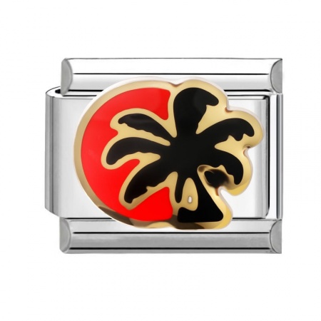 Picture of 1 Piece 304 Stainless Steel Italian Charm Links For DIY Modular Bracelet Watch Jewelry Making Wholesale Silver Tone Black & Red Enamel Rectangle Coconut Palm Tree 10mm x 9mm
