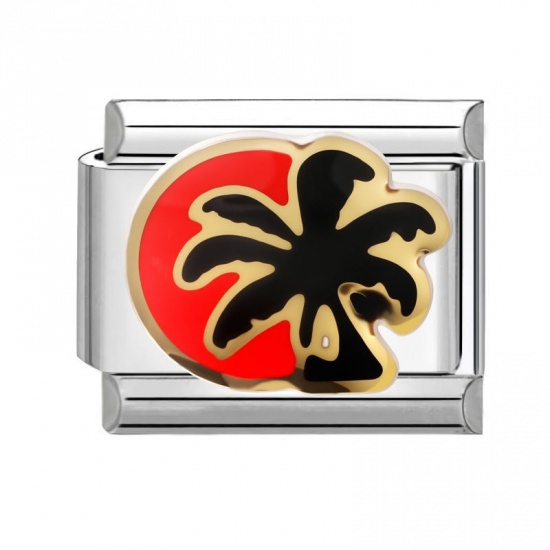 Picture of 1 Piece 304 Stainless Steel Italian Charm Links For DIY Modular Bracelet Watch Jewelry Making Wholesale Silver Tone Black & Red Enamel Rectangle Coconut Palm Tree 10mm x 9mm