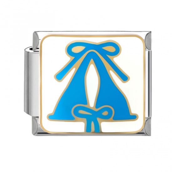 Picture of 1 Piece 304 Stainless Steel Italian Charm Links For DIY Modular Bracelet Watch Jewelry Making Wholesale Silver Tone Blue Enamel Rectangle Bikini 10mm x 9mm