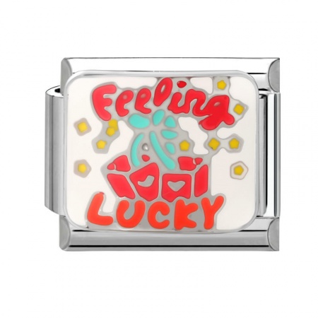 Picture of 1 Piece 304 Stainless Steel Italian Charm Links For DIY Modular Bracelet Watch Jewelry Making Wholesale Silver Tone Red Enamel Rectangle Gift Box Message " Feeling Lucky " 10mm x 9mm