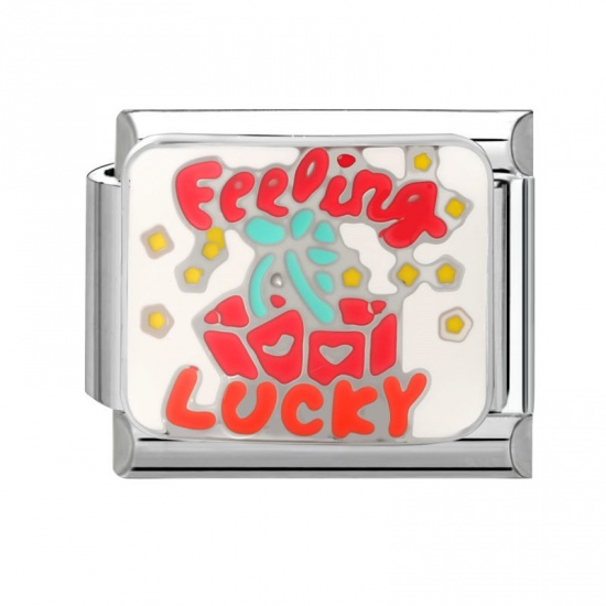 Picture of 1 Piece 304 Stainless Steel Italian Charm Links For DIY Modular Bracelet Watch Jewelry Making Wholesale Silver Tone Red Enamel Rectangle Gift Box Message " Feeling Lucky " 10mm x 9mm