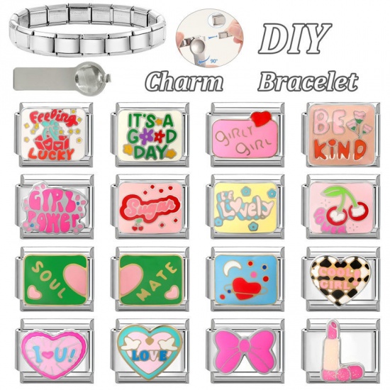 Picture of 1 Piece 304 Stainless Steel Italian Charm Links For DIY Modular Bracelet Watch Jewelry Making Wholesale Silver Tone Red Enamel Rectangle Gift Box Message " Feeling Lucky " 10mm x 9mm