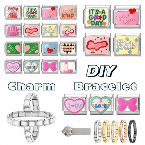 Picture of 1 Piece 304 Stainless Steel Italian Charm Links For DIY Modular Bracelet Watch Jewelry Making Wholesale Silver Tone Red Enamel Rectangle Gift Box Message " Feeling Lucky " 10mm x 9mm