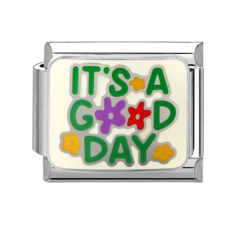 Picture of 1 Piece 304 Stainless Steel Italian Charm Links For DIY Modular Bracelet Watch Jewelry Making Wholesale Silver Tone Green Enamel Rectangle Message " It's Good Day " 10mm x 9mm