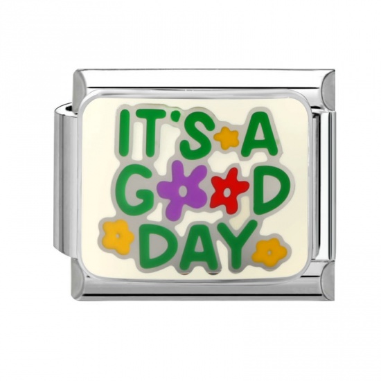 Picture of 1 Piece 304 Stainless Steel Italian Charm Links For DIY Modular Bracelet Watch Jewelry Making Wholesale Silver Tone Green Enamel Rectangle Message " It's Good Day " 10mm x 9mm