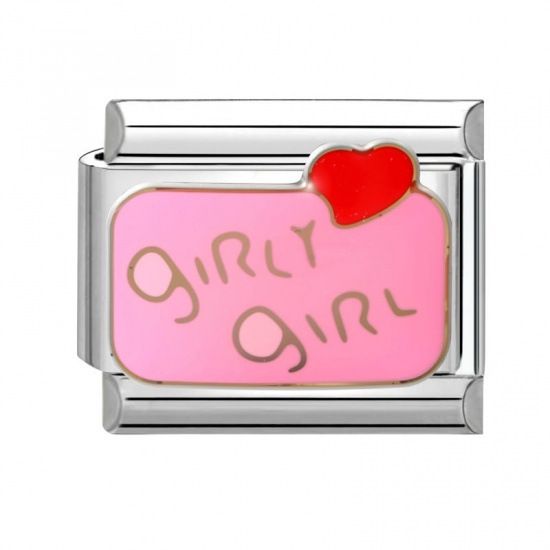 Picture of 1 Piece 304 Stainless Steel Italian Charm Links For DIY Modular Bracelet Watch Jewelry Making Wholesale Silver Tone Pink Enamel Rectangle Heart Message " girl " 10mm x 9mm