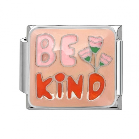 Picture of 1 Piece 304 Stainless Steel Italian Charm Links For DIY Modular Bracelet Watch Jewelry Making Wholesale Silver Tone Pink Enamel Rectangle Tulip Flower Message " BE KIND " 10mm x 9mm