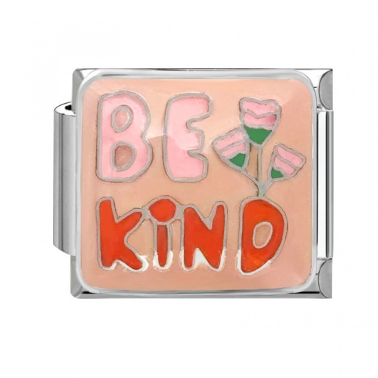 Picture of 1 Piece 304 Stainless Steel Italian Charm Links For DIY Modular Bracelet Watch Jewelry Making Wholesale Silver Tone Pink Enamel Rectangle Tulip Flower Message " BE KIND " 10mm x 9mm