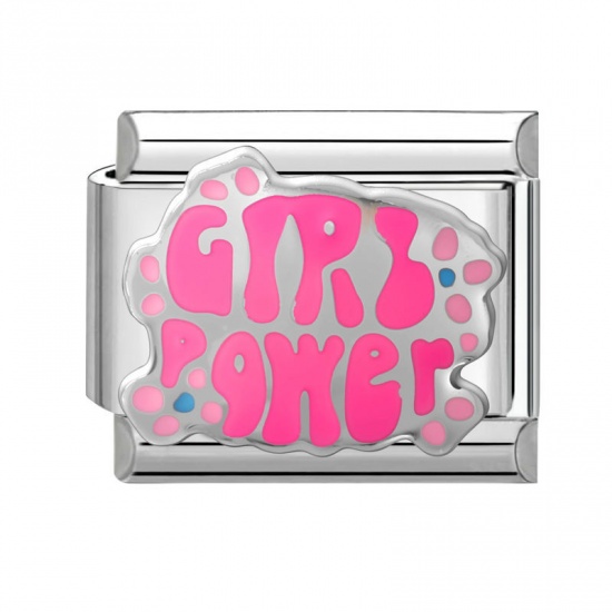 Picture of 1 Piece 304 Stainless Steel Italian Charm Links For DIY Modular Bracelet Watch Jewelry Making Wholesale Silver Tone Pink Enamel Rectangle Message " girl power " 10mm x 9mm