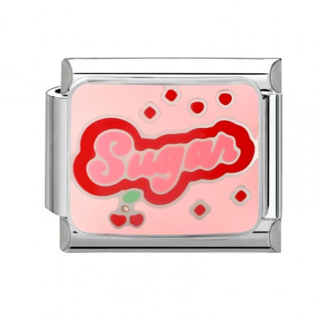 Picture of 1 Piece 304 Stainless Steel Italian Charm Links For DIY Modular Bracelet Watch Jewelry Making Wholesale Silver Tone Pink Enamel Rectangle Cherry Fruit Message " SUGAR " 10mm x 9mm