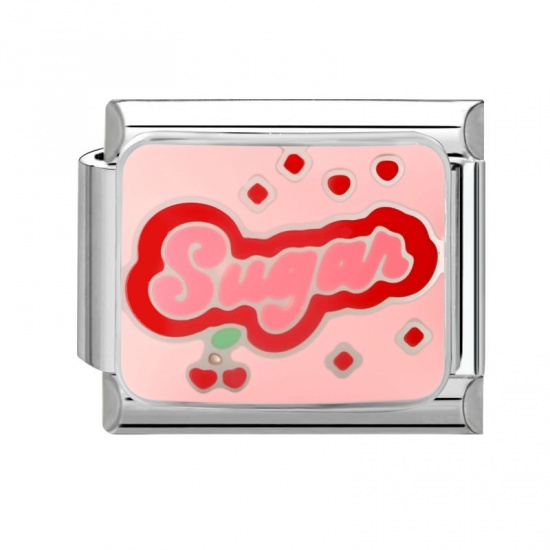 Picture of 1 Piece 304 Stainless Steel Italian Charm Links For DIY Modular Bracelet Watch Jewelry Making Wholesale Silver Tone Pink Enamel Rectangle Cherry Fruit Message " SUGAR " 10mm x 9mm