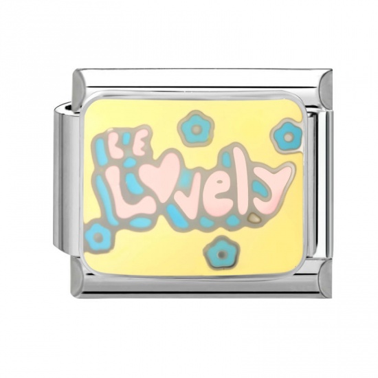 Picture of 1 Piece 304 Stainless Steel Italian Charm Links For DIY Modular Bracelet Watch Jewelry Making Wholesale Silver Tone Yellow Enamel Rectangle Flower Message " Lovely " 10mm x 9mm