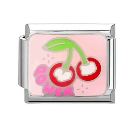 Picture of 1 Piece 304 Stainless Steel Italian Charm Links For DIY Modular Bracelet Watch Jewelry Making Wholesale Silver Tone Red Enamel Rectangle Cherry Fruit Message " Power " 10mm x 9mm
