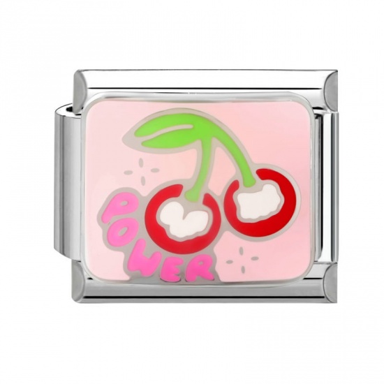 Picture of 1 Piece 304 Stainless Steel Italian Charm Links For DIY Modular Bracelet Watch Jewelry Making Wholesale Silver Tone Red Enamel Rectangle Cherry Fruit Message " Power " 10mm x 9mm