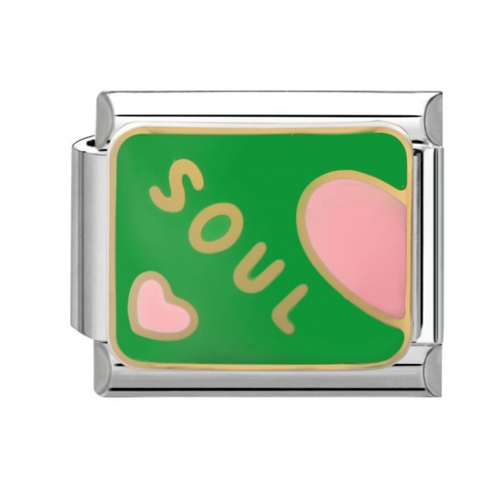 Picture of 1 Piece 304 Stainless Steel Valentine's Day Italian Charm Links For DIY Modular Bracelet Watch Jewelry Making Wholesale Silver Tone Pink & Green Enamel Rectangle Heart Message " SOUL " 10mm x 9mm