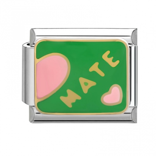 Picture of 1 Piece 304 Stainless Steel Valentine's Day Italian Charm Links For DIY Modular Bracelet Watch Jewelry Making Wholesale Silver Tone Pink & Green Enamel Rectangle Heart Message " MATE " 10mm x 9mm