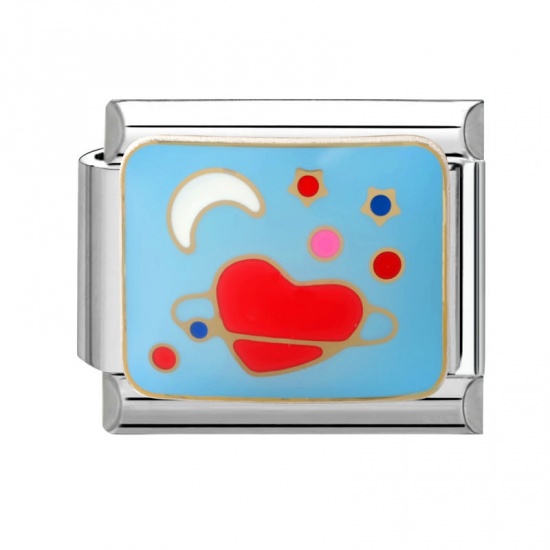 Picture of 1 Piece 304 Stainless Steel Valentine's Day Italian Charm Links For DIY Modular Bracelet Watch Jewelry Making Wholesale Silver Tone Red & Blue Enamel Rectangle Heart 10mm x 9mm
