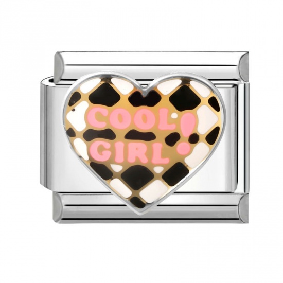 Picture of 1 Piece 304 Stainless Steel Valentine's Day Italian Charm Links For DIY Modular Bracelet Watch Jewelry Making Wholesale Silver Tone Multicolor Enamel Rectangle Heart Message " cool girl " 10mm x 9mm