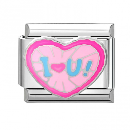 Picture of 1 Piece 304 Stainless Steel Valentine's Day Italian Charm Links For DIY Modular Bracelet Watch Jewelry Making Wholesale Silver Tone Pink Enamel Rectangle Heart Message " I Love you " 10mm x 9mm
