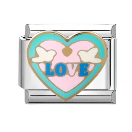 Picture of 1 Piece 304 Stainless Steel Valentine's Day Italian Charm Links For DIY Modular Bracelet Watch Jewelry Making Wholesale Silver Tone Multicolor Enamel Rectangle Heart Message " LOVE " 10mm x 9mm