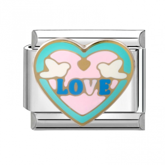 Picture of 1 Piece 304 Stainless Steel Valentine's Day Italian Charm Links For DIY Modular Bracelet Watch Jewelry Making Wholesale Silver Tone Multicolor Enamel Rectangle Heart Message " LOVE " 10mm x 9mm