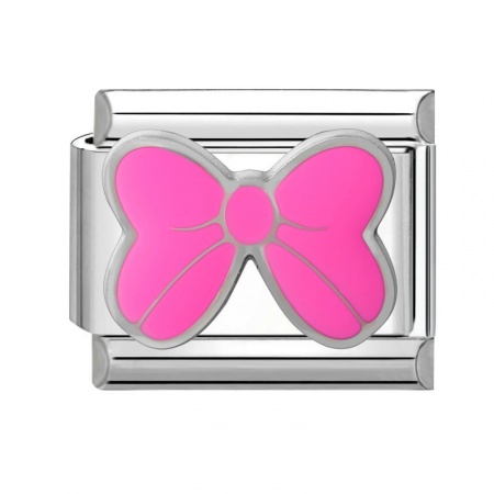 Picture of 1 Piece 304 Stainless Steel Italian Charm Links For DIY Modular Bracelet Watch Jewelry Making Wholesale Silver Tone Fuchsia Enamel Rectangle Bowknot 10mm x 9mm