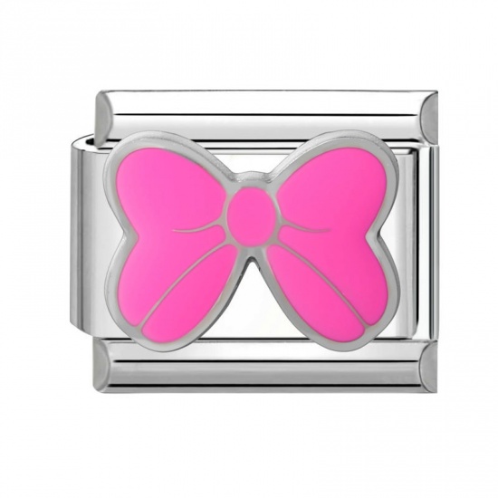 Picture of 1 Piece 304 Stainless Steel Italian Charm Links For DIY Modular Bracelet Watch Jewelry Making Wholesale Silver Tone Fuchsia Enamel Rectangle Bowknot 10mm x 9mm
