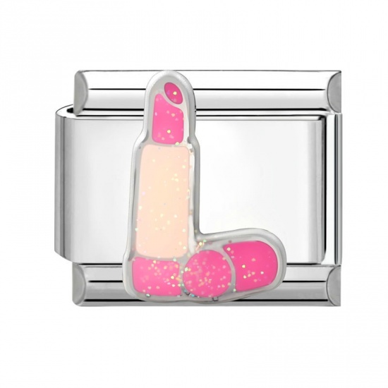 Picture of 1 Piece 304 Stainless Steel Italian Charm Links For DIY Modular Bracelet Watch Jewelry Making Wholesale Silver Tone Fuchsia Enamel Rectangle Lipstick 10mm x 9mm
