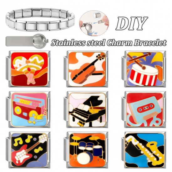 1 個 304ステンレス鋼 音楽 イタリアンチャームリンク DIY モジュラーブレスレット・時計用 卸売り シルバートーン オレンジ エナメル 長方形 バイオリン 10mmx 9mm、 の画像