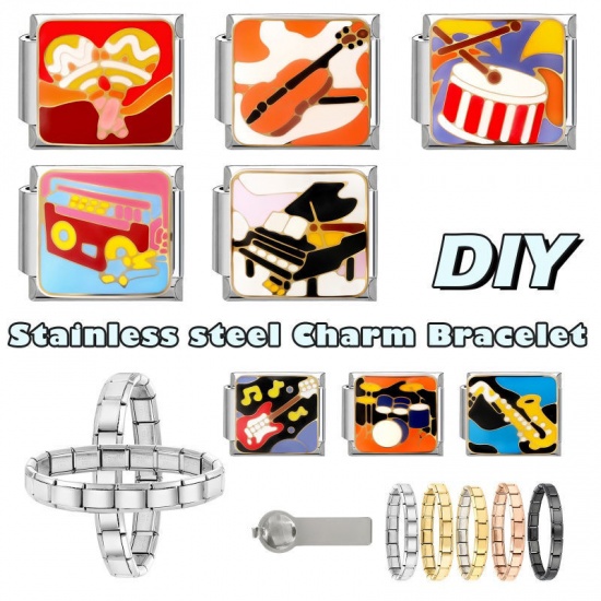 1 個 304ステンレス鋼 音楽 イタリアンチャームリンク DIY モジュラーブレスレット・時計用 卸売り シルバートーン オレンジ エナメル 長方形 バイオリン 10mmx 9mm、 の画像