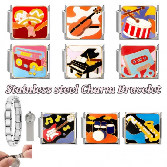 1 個 304ステンレス鋼 音楽 イタリアンチャームリンク DIY モジュラーブレスレット・時計用 卸売り シルバートーン オレンジ エナメル 長方形 バイオリン 10mmx 9mm、 の画像