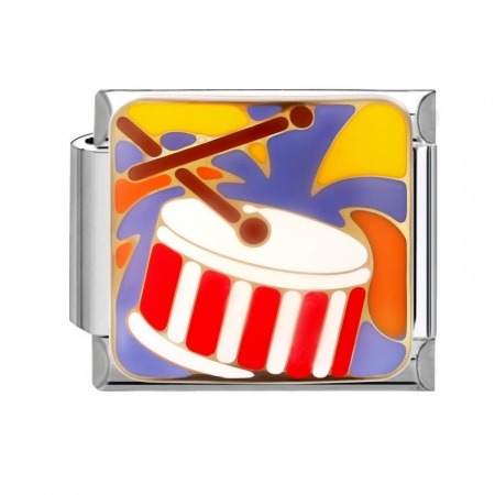 Picture of 1 Piece 304 Stainless Steel Music Italian Charm Links For DIY Modular Bracelet Watch Jewelry Making Wholesale Silver Tone Red Enamel Rectangle Drum 10mm x 9mm