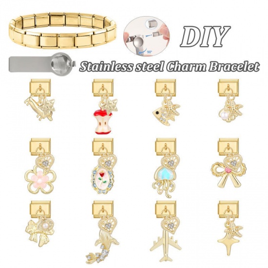 Picture of 1 Piece 304 Stainless Steel Italian Charm Links For DIY Modular Bracelet Watch Jewelry Making Wholesale Gold Plated White Bowknot Imitation Pearl 10mm x 9mm