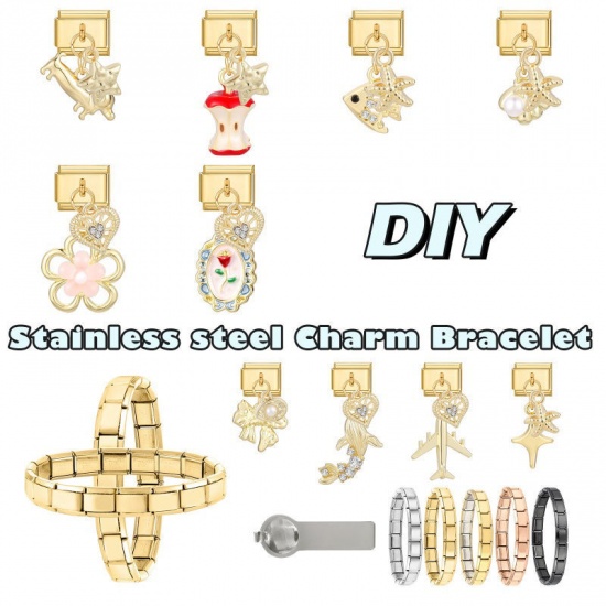 Picture of 1 Piece 304 Stainless Steel Italian Charm Links For DIY Modular Bracelet Watch Jewelry Making Wholesale Gold Plated White Bowknot Imitation Pearl 10mm x 9mm