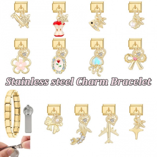 Picture of 1 Piece 304 Stainless Steel Italian Charm Links For DIY Modular Bracelet Watch Jewelry Making Wholesale Gold Plated White Bowknot Imitation Pearl 10mm x 9mm