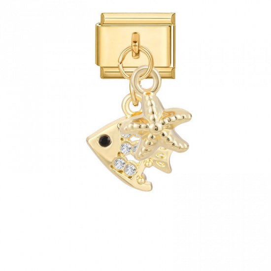Picture of 1 Piece 304 Stainless Steel Italian Charm Links For DIY Modular Bracelet Watch Jewelry Making Wholesale Gold Plated Starfish Fish 10mm x 9mm