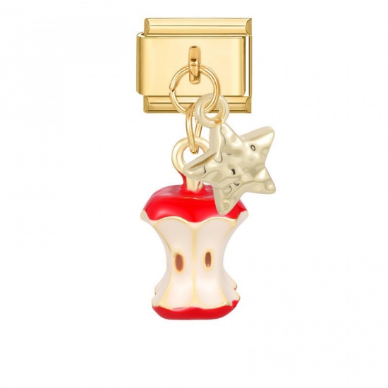 Picture of 1 Piece 304 Stainless Steel Italian Charm Links For DIY Modular Bracelet Watch Jewelry Making Wholesale Gold Plated Red Enamel Apple Fruit Pentagram Star 10mm x 9mm
