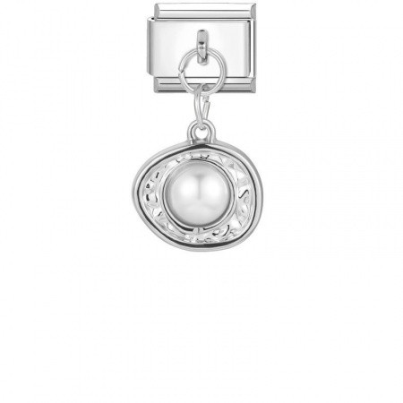 Picture of 1 Piece 304 Stainless Steel Italian Charm Links For DIY Modular Bracelet Watch Jewelry Making Wholesale Silver Tone White Rectangle Oval Imitation Pearl 10mm x 9mm