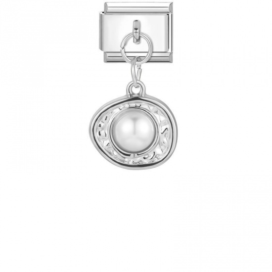 Picture of 1 Piece 304 Stainless Steel Italian Charm Links For DIY Modular Bracelet Watch Jewelry Making Wholesale Silver Tone White Rectangle Oval Imitation Pearl 10mm x 9mm