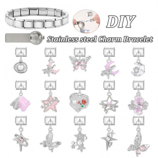 Picture of 1 Piece 304 Stainless Steel Italian Charm Links For DIY Modular Bracelet Watch Jewelry Making Wholesale Silver Tone White Rectangle Oval Imitation Pearl 10mm x 9mm