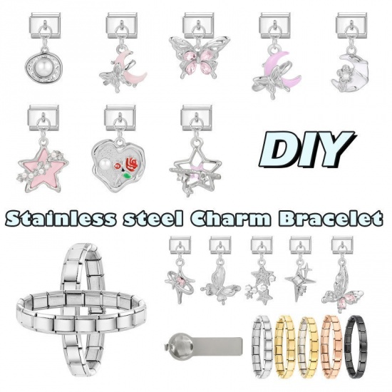 Picture of 1 Piece 304 Stainless Steel Italian Charm Links For DIY Modular Bracelet Watch Jewelry Making Wholesale Silver Tone White Rectangle Oval Imitation Pearl 10mm x 9mm